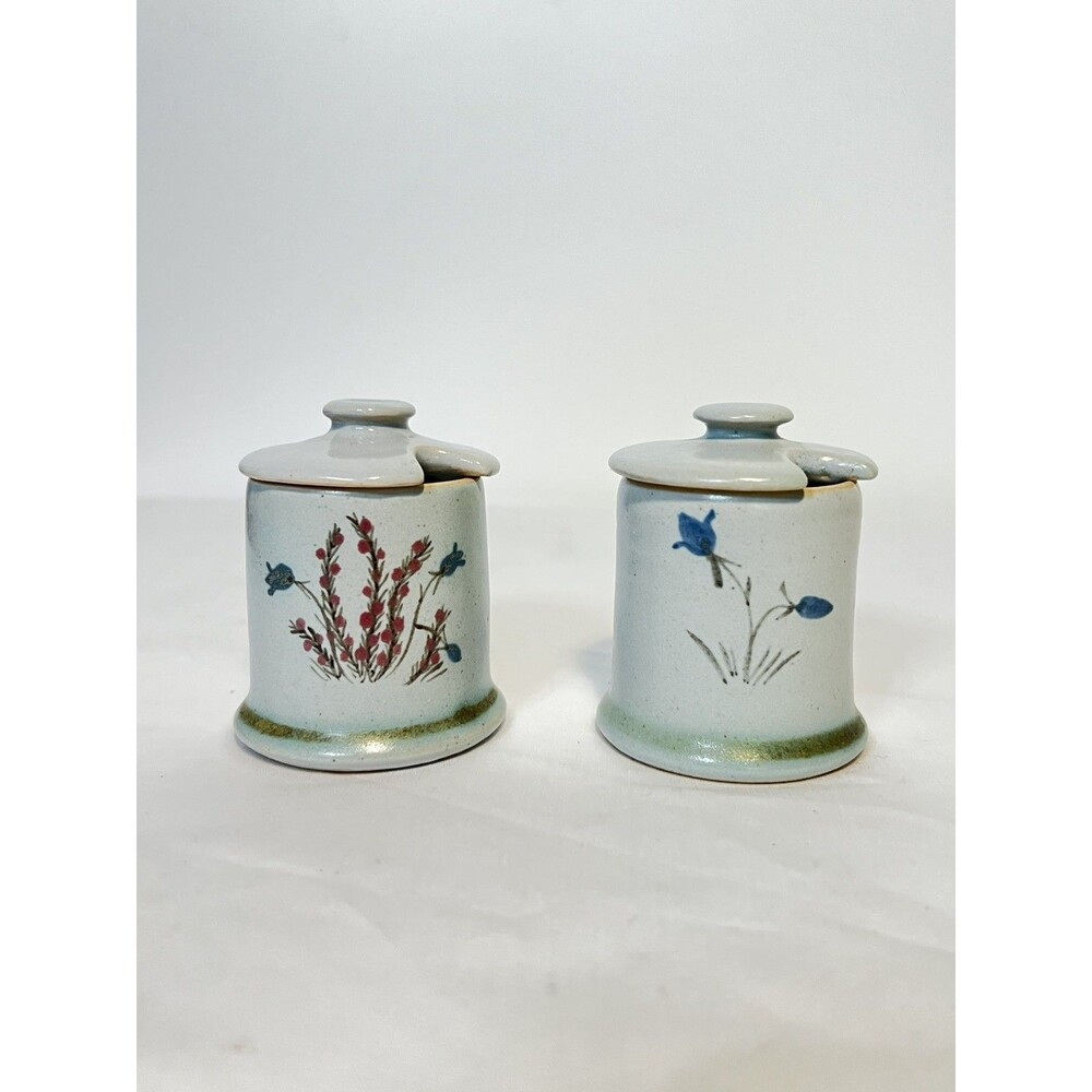 Buchan Thistle Stoneware of Portobello Scotland Pair of Condiment Jars with Lids